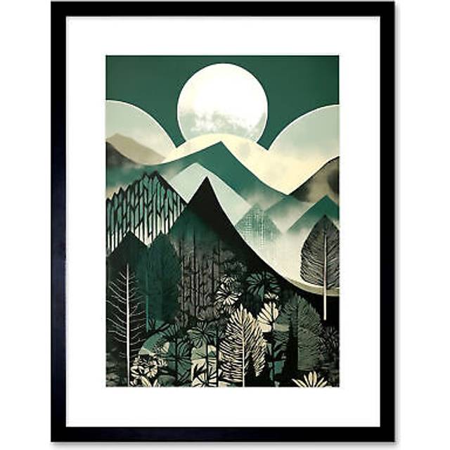 Wall Art Print Full Moon Over Mountain Forest Linocut Mid Century Sage Green Moonlit Landscape Artwork Framed 9X7 Inch - Black - W7 inch x H9 inch