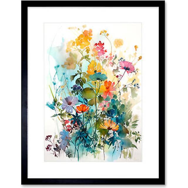 Wall Art Print Wild Flowers Watercolour Painting Rainbow Colour Bright Floral Spring Field Artwork Framed 9X7 Inch - Black - W7 inch x H9 inch
