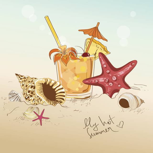 Illustration With Seashells, Starfish And Cocktail (30cm H x 30cm W x 3.8cm D)