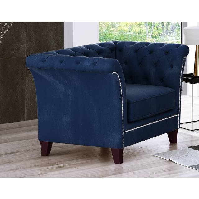 Chesterfield Darlana Armchair Made of Velvet Fabric with Solid Wood Legs - Navy Blue (29.5cm H X 45.7cm W X 32.3cm D)