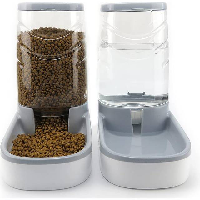 Automatic Cat Dog Food and Water Dispenser, Automatic Fountain Water, Cat Food Dispensers, Pet Bowl, 3.8L (Feeder Set, Grey)