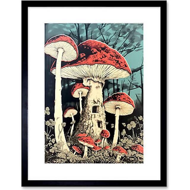Wall Art Print Mushroom Fairy House Pastel Red Blue Green Magical Forest Fantasy Concept Kitchen Artwork Framed 9X7 Inch - Black - W7 inch x H9 inch