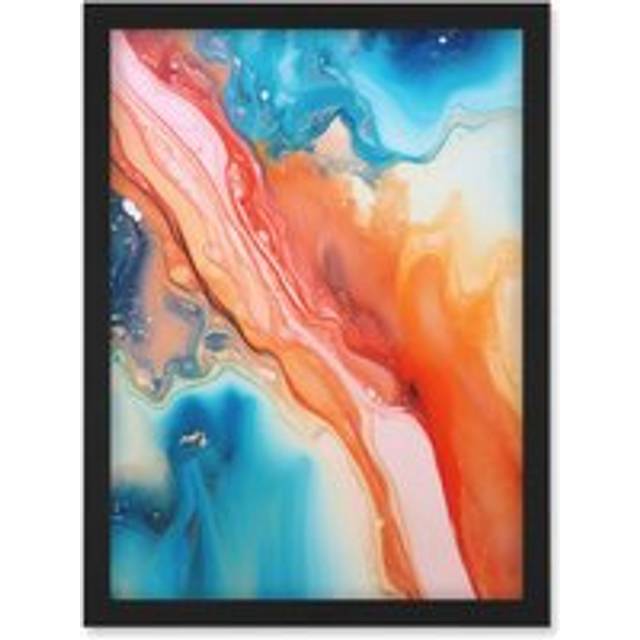 Wall Art Print Abstract Blue and Orange Fluid Flow Painting Water Meets Oil Artwork Framed A4 - Black - A4
