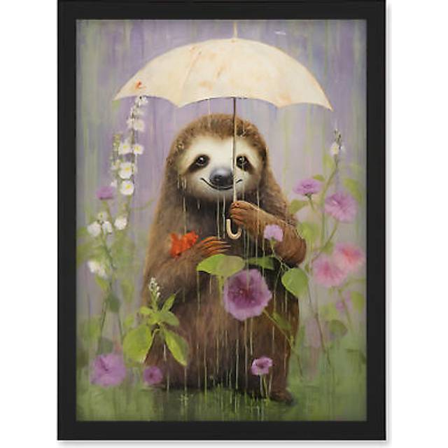 Wall Art Print Picking Flowers in the Rain Oil Painting Cute Sloth with an Umbrella in a Wildflower Meadow Kids Bedroom Artwork Framed A4 - Black - A4
