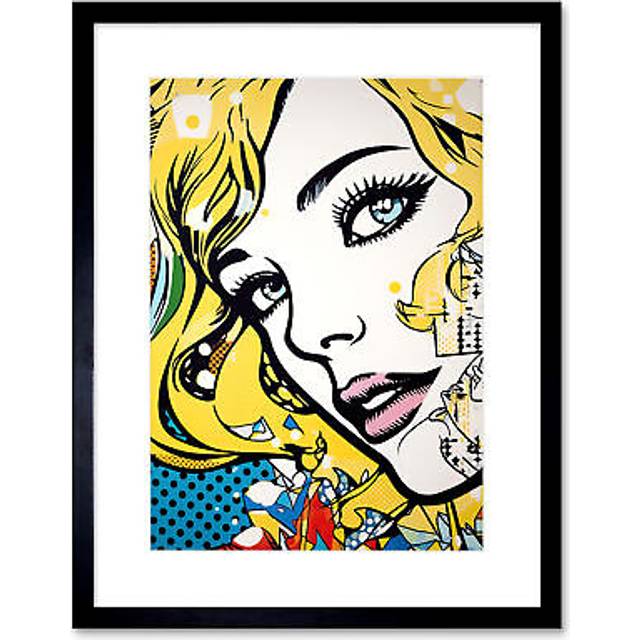 Wall Art Print Blonde Woman Face Comic Book Style Portrait Blue Eyes Girl Bedroom Decor Teen Halftone Artwork Framed 9X7 Inch - Black - W7 inch x H9 i - W7 inch x H9 inch
