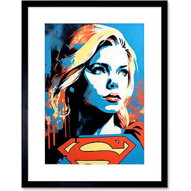 Wall Art Print Supergirl Linocut Portrait Blue Red Yellow Female Comic Book Superhero Girls Bedroom Artwork Framed 9X7 Inch - Black - W7 inch x H9 inc - W7 inch x H9 inch