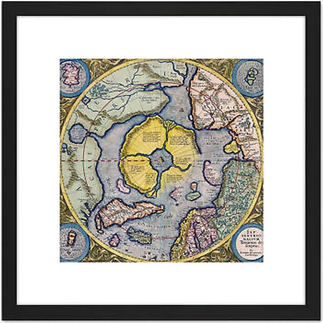 Map Mercator 1623 North Pole Arctic Pictorial Chart 8X8 Inch Square Wooden Framed Wall Art Print Picture with Mount - Black - One Size
