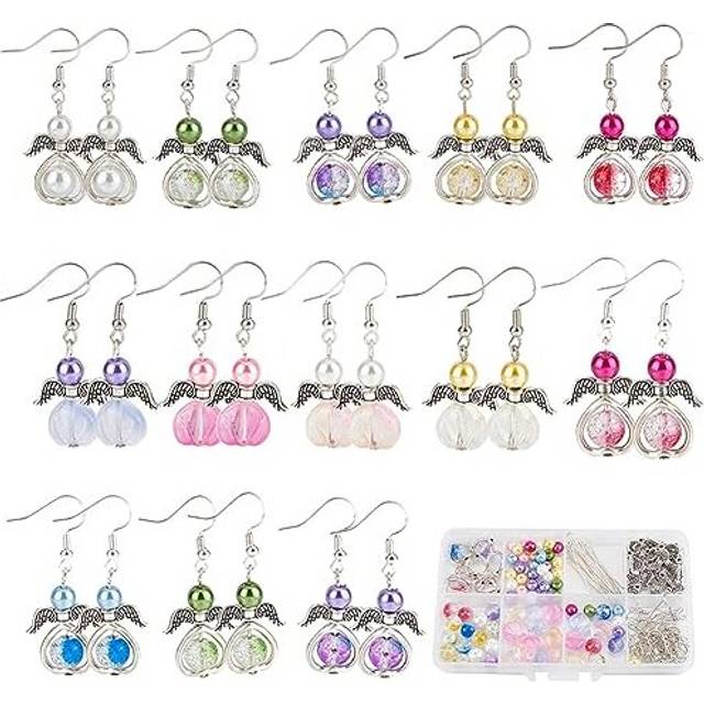 1 Box DIY 20 Pairs Guardian Angel Charms Christmas Beading Angel Beads Earrings Making Starter Kit Angel Wing Bead Heart Bead Frames Round Crackle