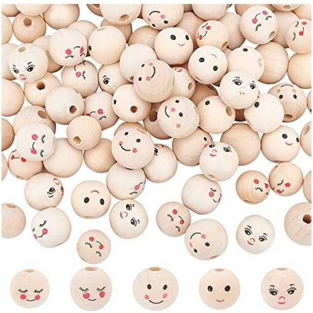 Smile Face Wood Beads, 100pcs 5 Styles Wooden Beads 15~18mm Doll Head Beads with 4~5mm Hole Spacer Beads Wooden Loose Beads for DIY Bracelet Necklace