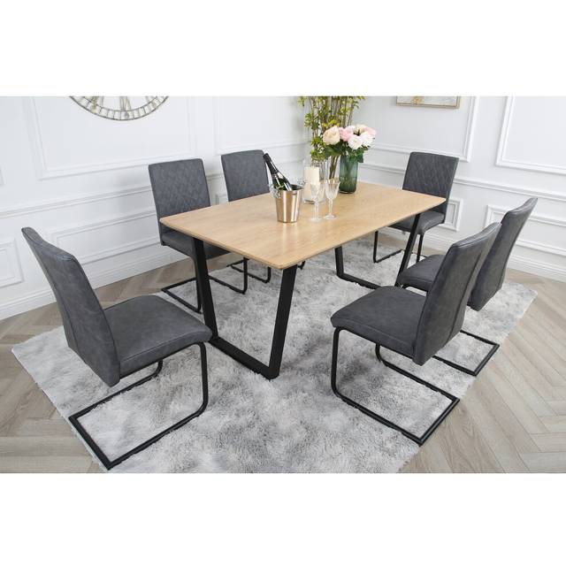 Oak Dining Table Set with 6 Nestor Industrial Chairs - Grey