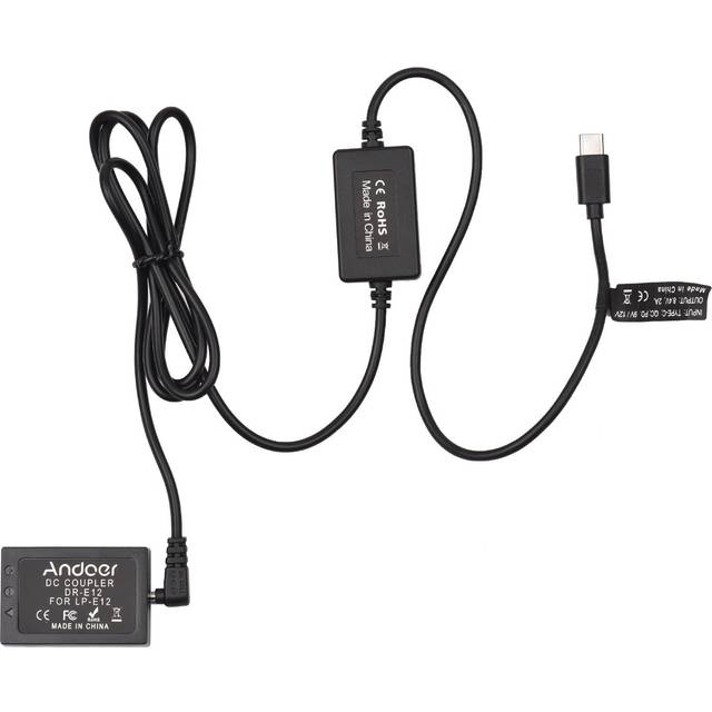 Andoer PD USB Type-C Cable to DR-E12 Dummy Battery DC Coupler LP-E12 Replacement for Canon EOS M2 black