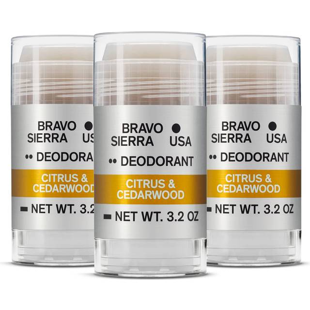 Aluminum-Free Natural Deodorant for Men by Bravo Sierra  3-Pack - Long Lasting All-Day Odor and Sweat Protection - Citrus and Cedarwood  3.2 oz - Para