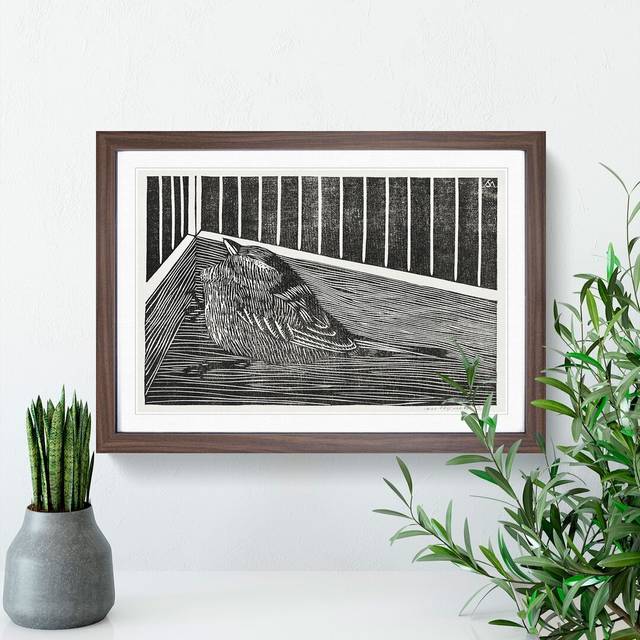 Bird in the Cage by Samuel De Mesquita - Picture Frame Painting - Walnut Framed (36cm H x 48cm W x 2cm D)