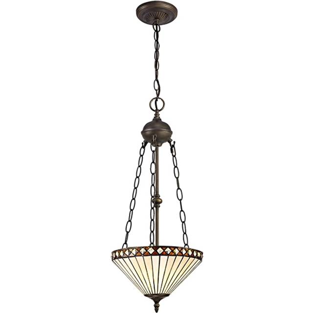 Jeffrey 2 Light Ceiling Pendant - Aged Antique Brass with Amber and Cream Tiffany Glass Uplighter Shade