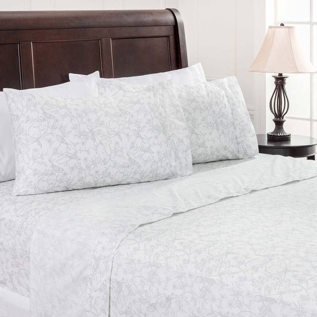 Chanasya Premium Vintage Style Birds Botanical Toile Printed King Size Bed Sheet Set - 1 Flat 1 Fitted Sheet 2 Pillowcases - 4-Piece Ultra Soft Luxuri