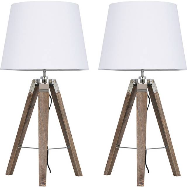 Clipper Pair of - Modern Distressed Wood and Silver Chrome Tripod Table Lamps with White Tapered Light Shades