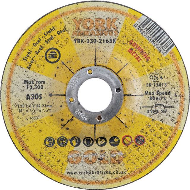York Abrasives Gold 125 X 6 X 22MM A30 S Reinforce Grinding Discs for Metal - Ty