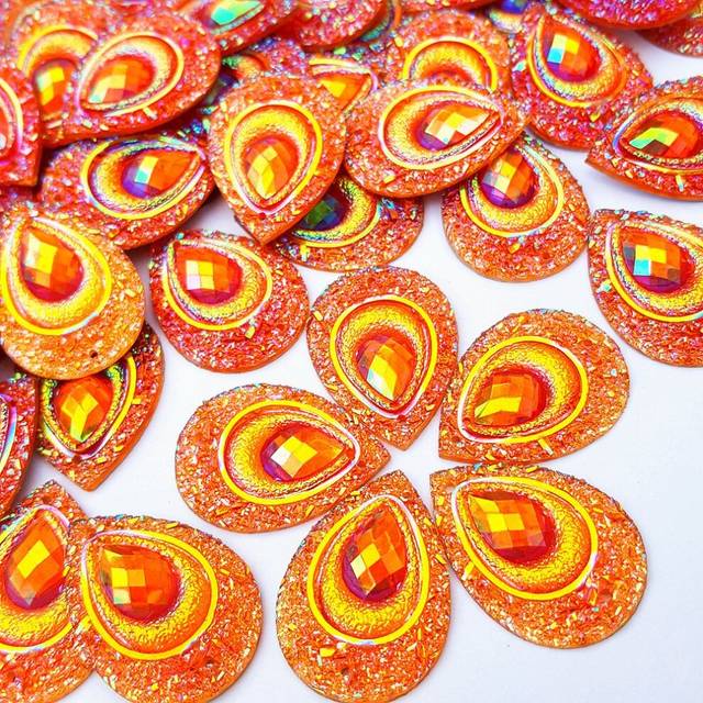 Sparkly Buttons Drop AB Color Sew On Crafts Rhinestones Flatback Beads Sewing for Costume Wedding Dress Decorations 18x25mm 50pcs (Orange)