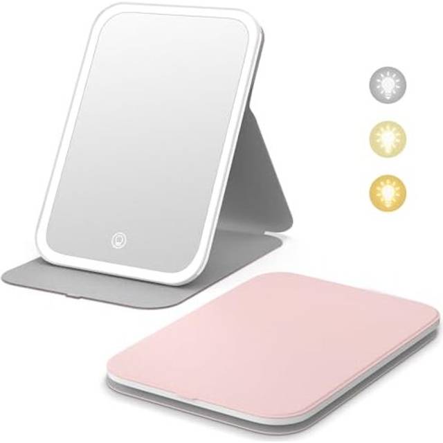 Travel Makeup Mirror, Portable LED Lighted Makeup Mirror, 360 Rotation Touch Screen Vanity Mirror, 3-Color Dimmable Lighting, Rechargeable Tabletop