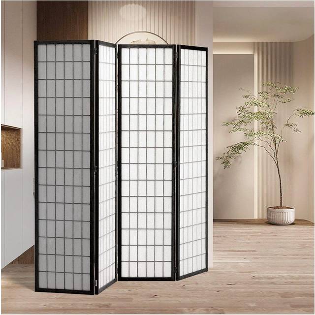 4-Panel Black Solid Wood Folding Room Divider Screen - One Size