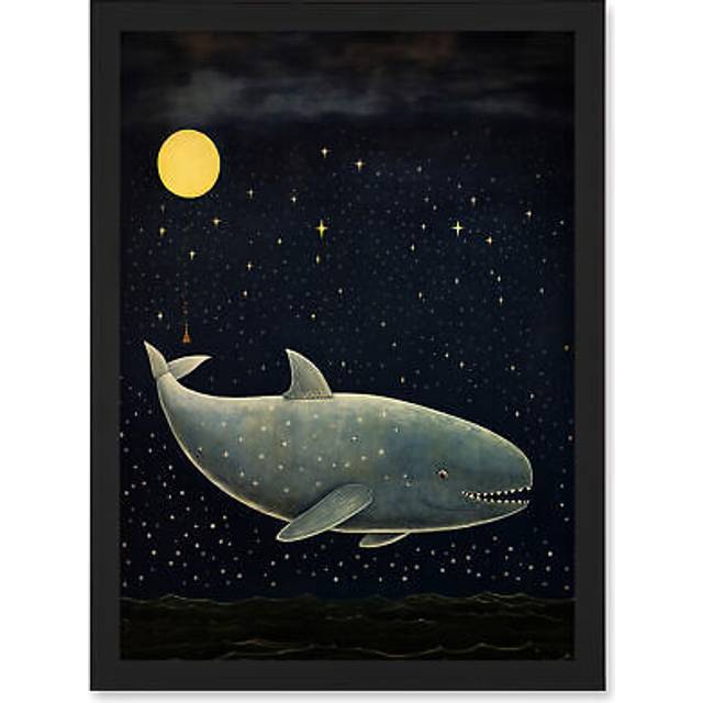 Wall Art Print Whale Breach at Full Moon Reach for the Stars Conceptual Artwork Kids Bedroom Artwork Framed A4 - Black - A4