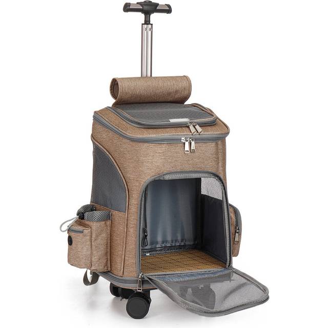(Khaki) Pet Stroller Dog Rolling Wheeled Dog Cat Puppy Carrier Backpack Travel