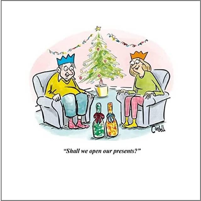 Woodmansterne Funny Open Christmas Greeting Card - Christmas Morning - Open Our Presents - From The Cordell Cartoons Range - Suitable For Him / For He