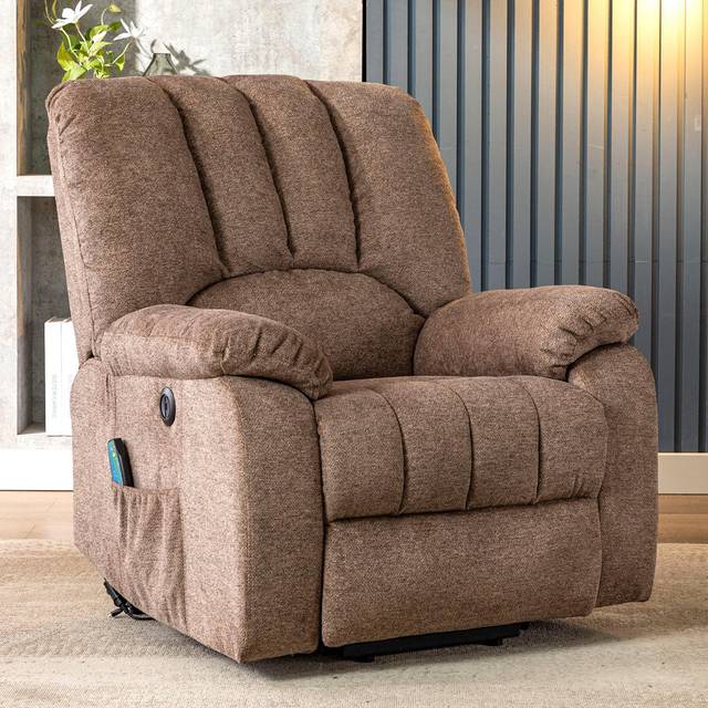 Electric Power Lift Recliner Chair Sofa With Massage And Heat For Elderly 2 Side Pockets USB Ports Single Recliner Chairs For Living Room Overstuffed - Brown (105cm H X 92cm W X 94cm D)