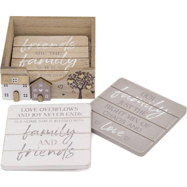 Set Of 4 Shabby Chic House Design Wooden Coasters | Family Friends Quotes Coasters With Holder Cup Mug Table Mats | Wood Drinks Coaster Set