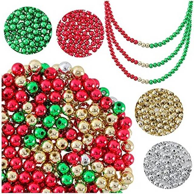 1200PCs Christmas Beads Metallic Round Pony Beads with Elastic String Red Green Silver Gold Plastic Craft Beads for Jewelry Making Necklace Bracelet