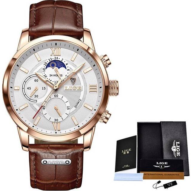 (gold white) 2023 New Mens Watches Top Brand Luxury Brown Leather Casual Quartz Watch