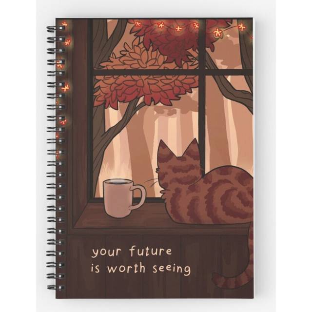 "Spiral Notebook ""Your Future is Worth Seeing"" Fall Kitty on the Windowsill A5 120 Pages"