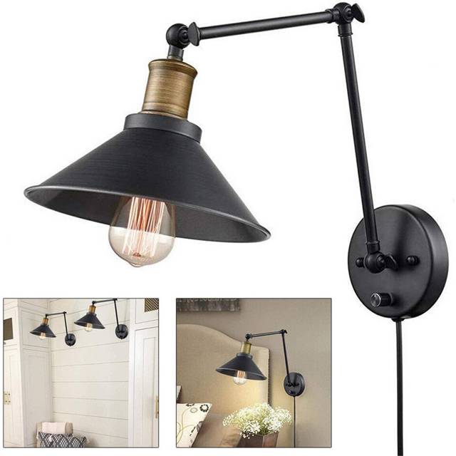 (1pcs) 1PCS/2PCS 60W 110V US Plug Industrial Black Sconce Adjustable Swing Arm Angle Vintage Wall Mount Plug in Lamp