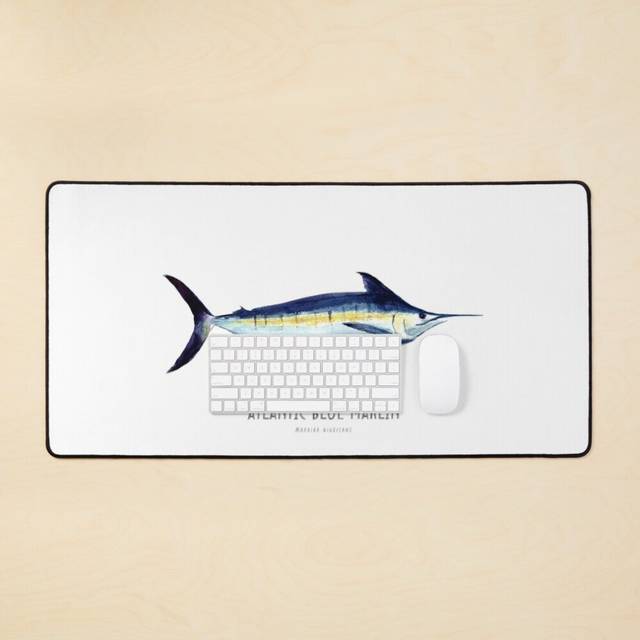Desk Mat Atlantic Blue Marlin (Watercolor Sketch), Fish, Ocean fish, pelagic, billfish Large Gaming Mouse Pad 35x16 inch