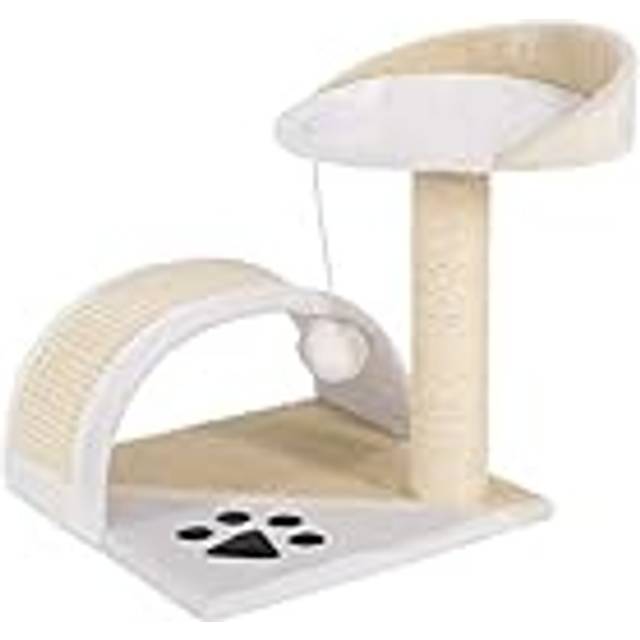 Lejon Liten klösträd med plyschboll och klösträv, höjd 43 cm, mysig liggyta av mjuk plysch, stabil med sisalrep för klovård, lämplig för små och stora katter, beige/vit