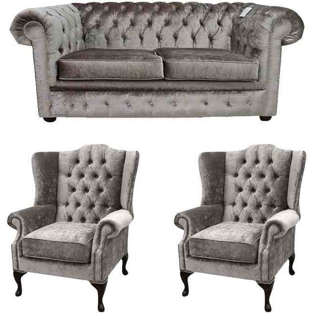 Chesterfield Handmade 2 Seater + 2 x Mallory Wing Chair Verity Silver Fabric Sofa Suite - Grey - Suite Offers
