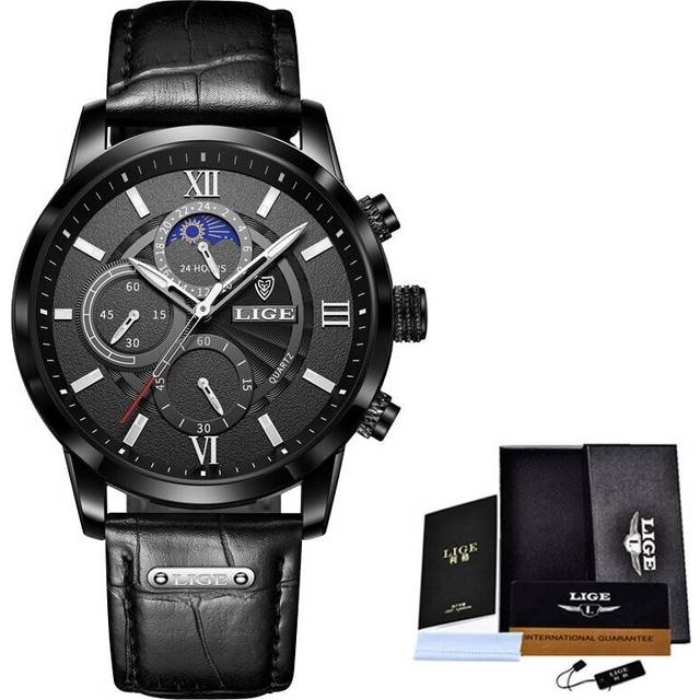 (all black) 2023 New Mens Watches Top Brand Luxury Brown Leather Casual Quartz Watch