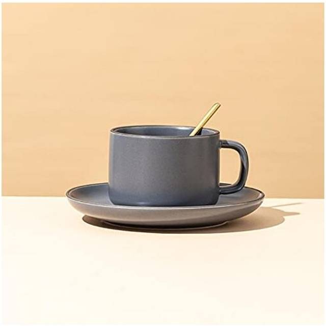 Cappuccino Cup and Saucer Set with Spoons, Modern Style Porcelain Tea Cup Coffee Cup Tableware 3-Pieces Set Ceramic Mugs (Gray)