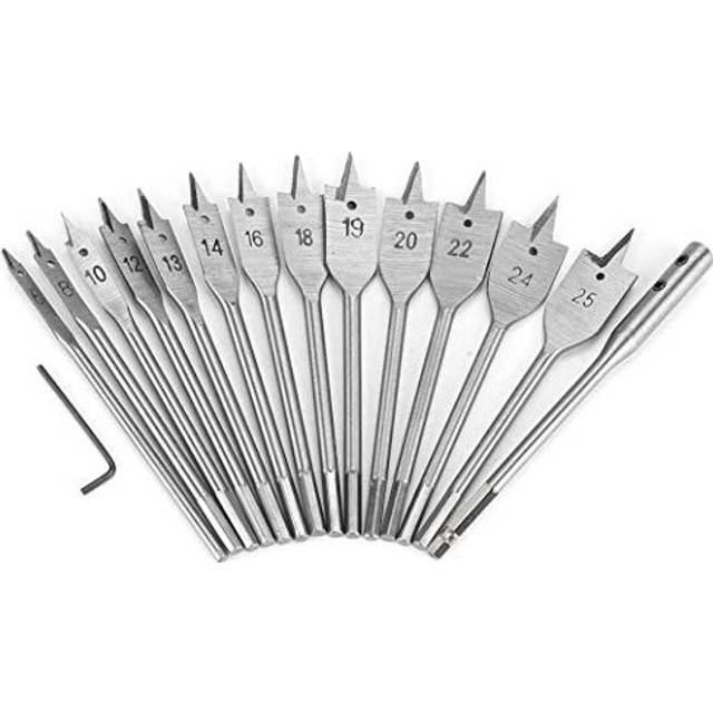 KAHEIGN 15Pcs Spade Drill Bit Set, 6mm - 25mm Titanium Coated Carbon Steel Paddle Flat Wood Drill Bit with Wrench and aAuxiliary Lever for Woodworking