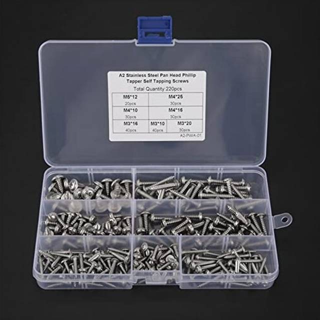Stainless Self Tapping Screws, 220pcs Pan Head Cross Tapper Screws M3 M4 M5 304 Stainless Steel Tapper Screws Self Tapping Screws Set with Box