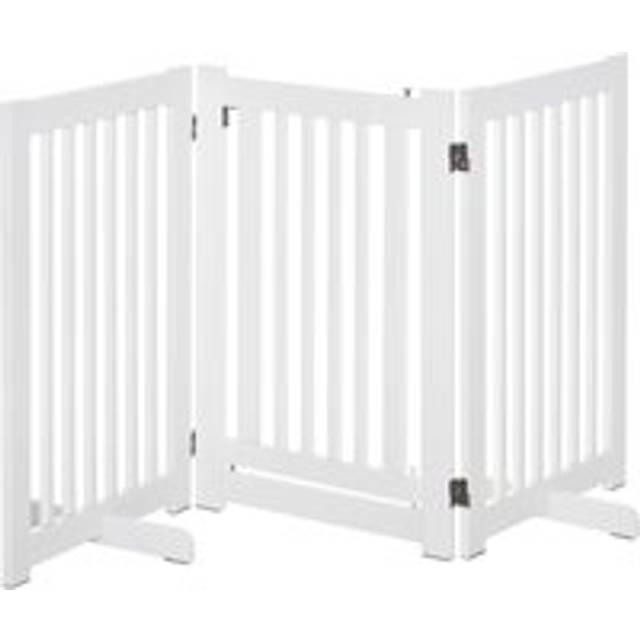PawHutPet Gates MDF Freestanding Expandable Dog Gate Wood Doorway Pet Barrier Fence w/ Latched Door White Aosom UK