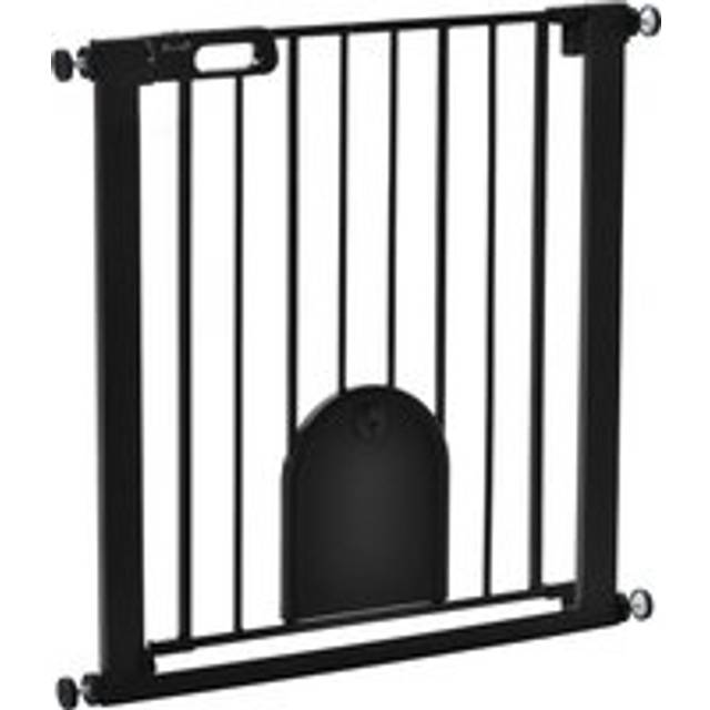 Pawhut 75-82 Cm Pet Safety Gate Barrier, Stair Pressure Fit, W/ Small Door, Auto Close, Double Locking, For Doorways, Hallways, Black