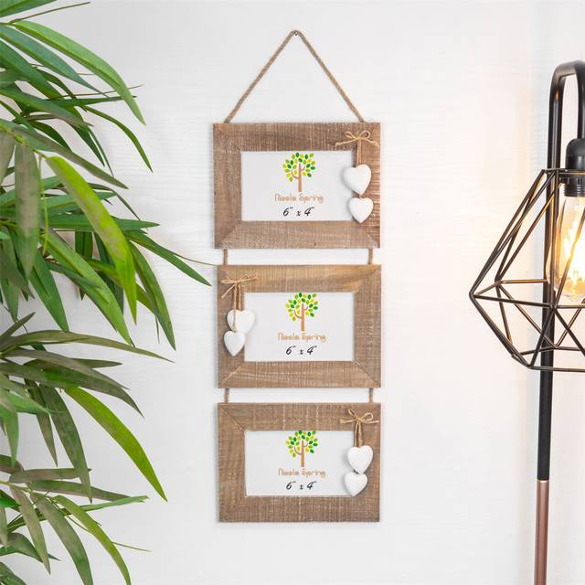 2x Rustic White Hearts Hanging 3 Photo Frames Picture Display 6 X 4 Natural