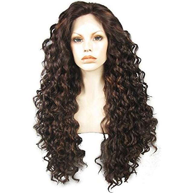 Ebingoo 26 Inch Dark Brown Lace Front Wig+ Wig Cap Long Curly Wig For Women Girls Synthetic Hair Wig Heavy Density Soft Heat Resistant Fiber Wig for D