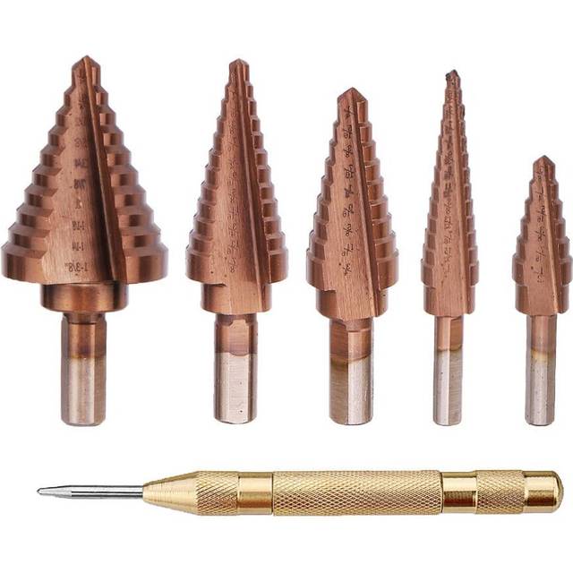 6Pcs HSS Bronze Coated Step Drill Bit With Center Punch Set Hole Cutter Drilling Tool