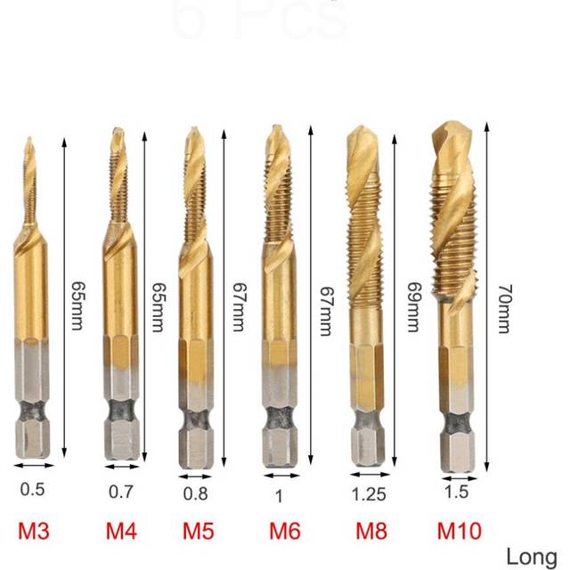 (Six-piece Set Titanium Plated Long Type) 6Pcs 1/4 Inch M3-M10 Screw Tap HSS Combination Drill Tap Bit Set Hex Shank Deburr Countersink Bits