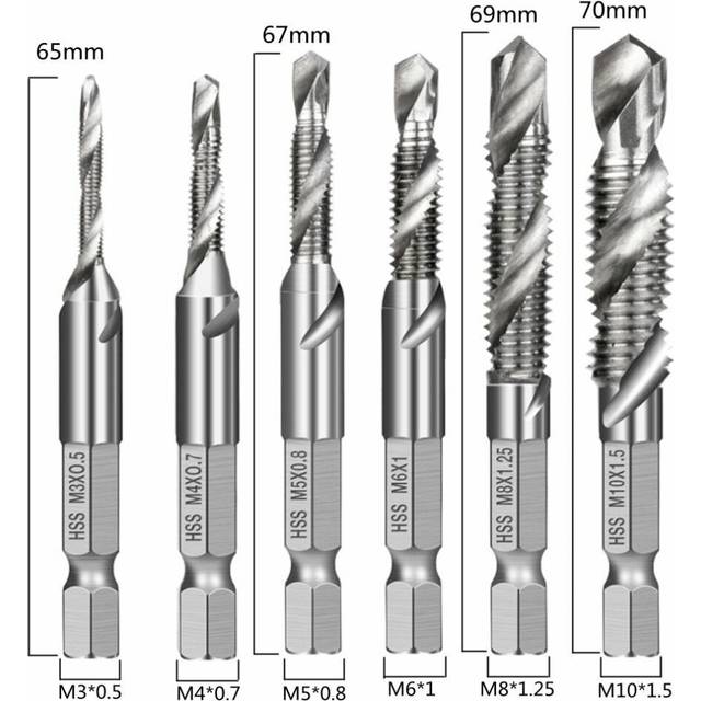 (Six-piece Set Natural Long Type) 6Pcs 1/4 Inch M3-M10 Screw Tap HSS Combination Drill Tap Bit Set Hex Shank Deburr Countersink Bits