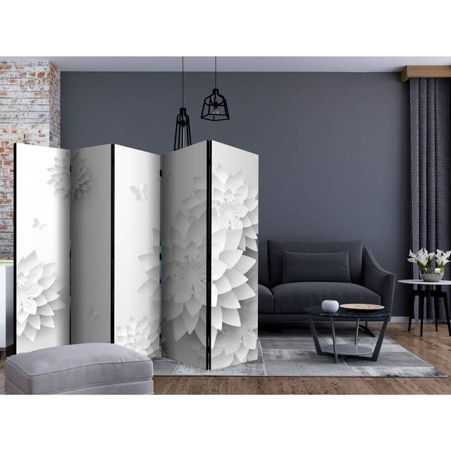 Room Divider - Oriental Flowers II [Room Dividers] - White;Grey (172cm H X 225cm W X 3cm D)