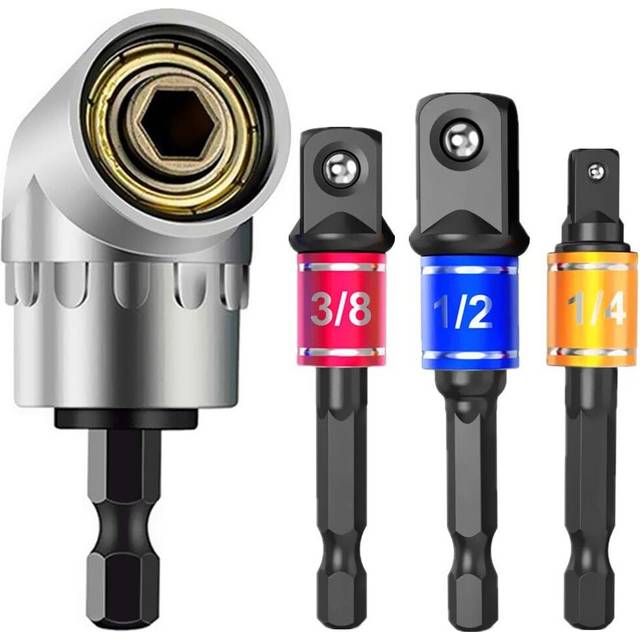 "3 pieces of 1/4 3/8 1/2 ""hex shank drill nut screwdriver bit kit+105 degree right angle screwdriver extension screwdriver bit attachment"