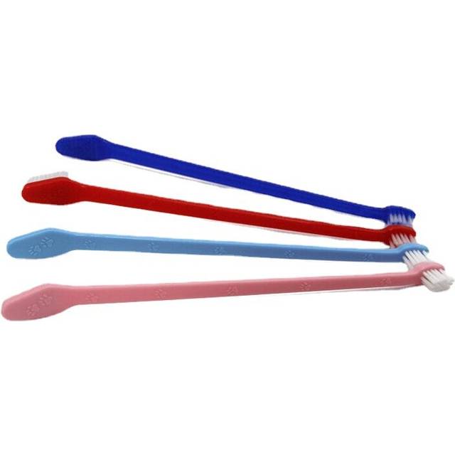 (Pink) Double Head Dog Toothbrush Nylon Wire Dog Paw Print Toothbrush Pet Supplies for Dog Oral Cleaning